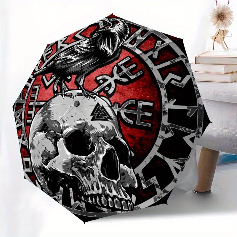 Viking Raven Skull Norse Symbol Tapestry Wall Art Decor Poster Umbrella, Cute Umbrella with Cute Design, Portable 3-Fold Compact Umbrella for Men & Wo