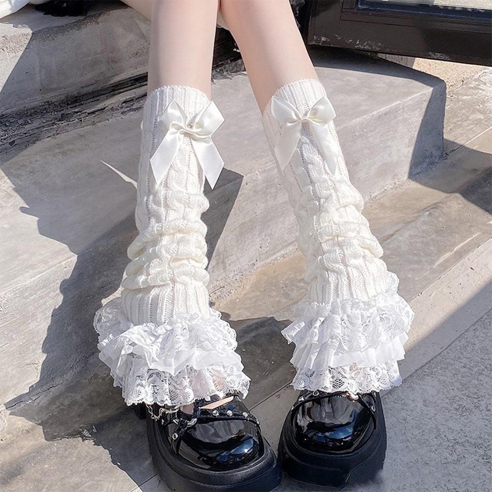 Lace Trim Lace Lolita Socks Ruffled Design Bow Tiered Socks T-shaped Lace Socks  Japanese Style