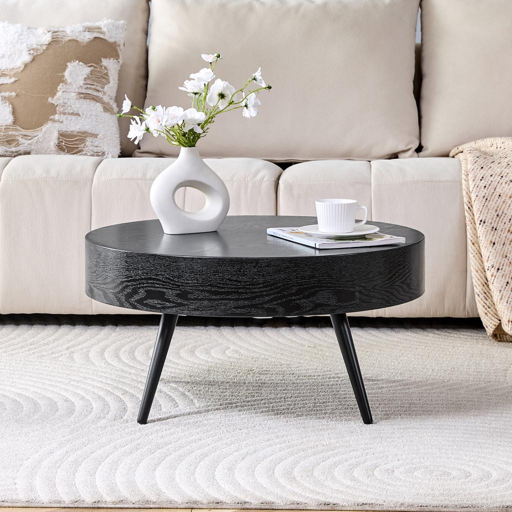 Round Coffee Table with 70 cm Diameter in Black Wood Look (MDF) & Black Metal Legs. Minimalist Design, Ideal for Living Room and Small Spaces.
