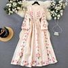 Women's Noble Temperament Long-sleeved Positioning Printing Waisted Large Swing Dresses Thin Retro French Long Dresses