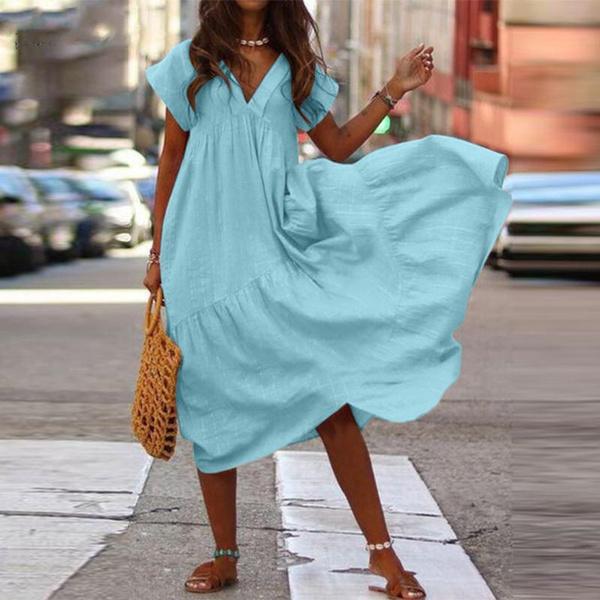Новое летнее женское хлопково-льняное платье, модное длинное платье с v-образным вырезом, повседневное свободное свободное вечерние пляжное платье размера плюс