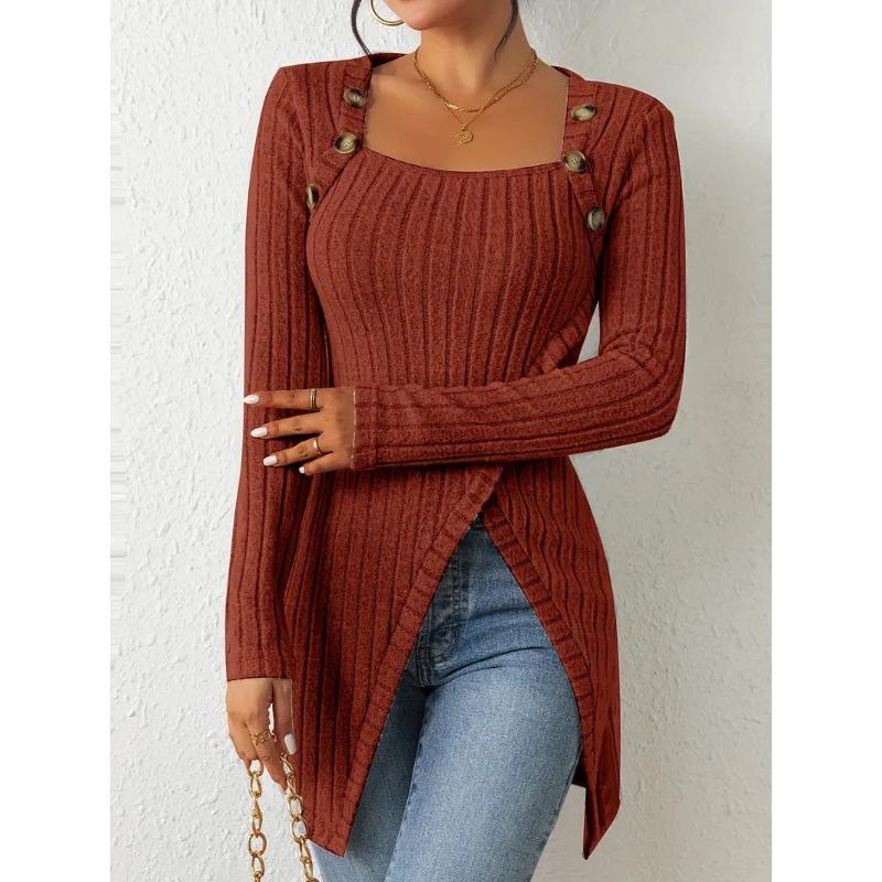 Женские футболки осень-зима мода повседневный топ квадратный воротник длинный рукав неровный подол тонкий футболки