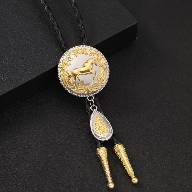 Adjustable Braided Leather Rope Bolo Tie with Metal Horse and Drop Pendant Western Necklace Vintage Necktie Neckwear