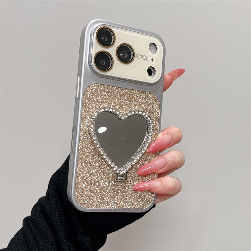 Чехол-подставка с зеркалом и блестками в виде сердца для iPhone 13/14/15/16/17 Pro Max