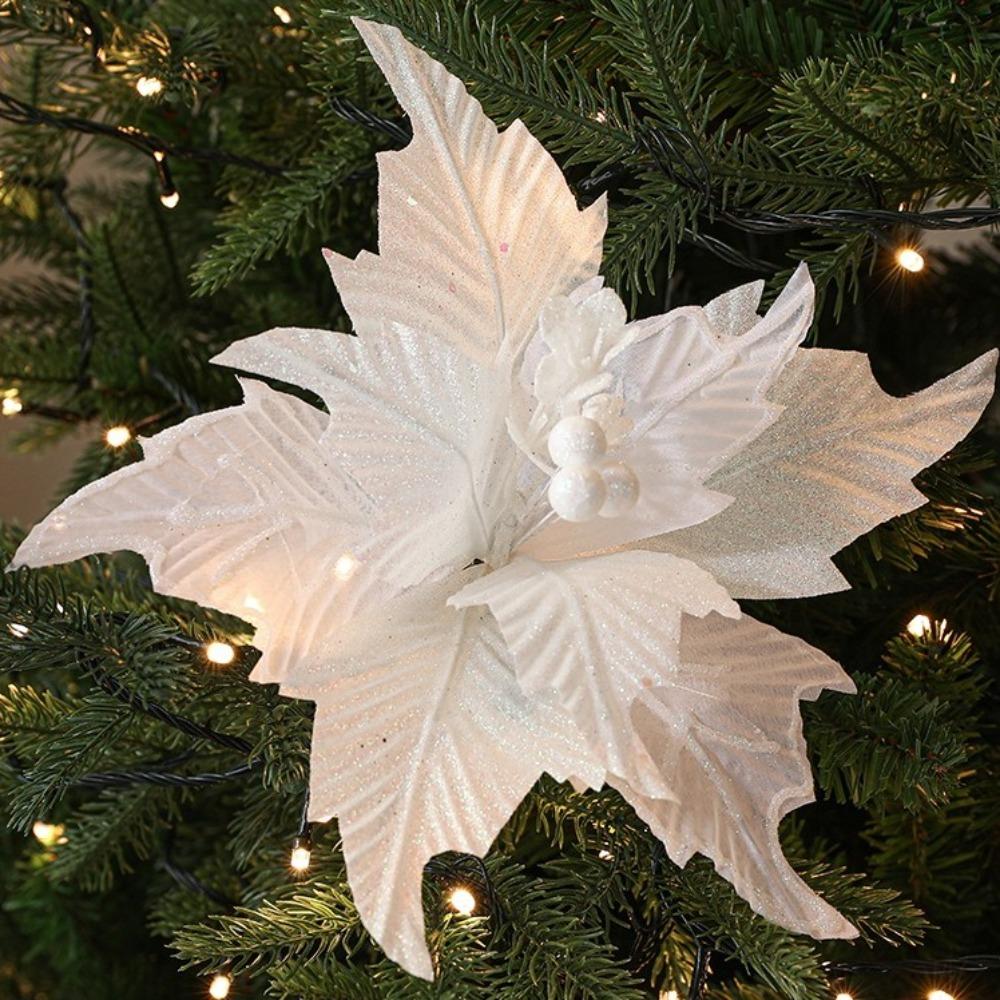 New 26cm Poinsettia Glitter Flower DIY Fake Flowers Christmas Flowers Large Wedding Decor Xmas Tree Decorations