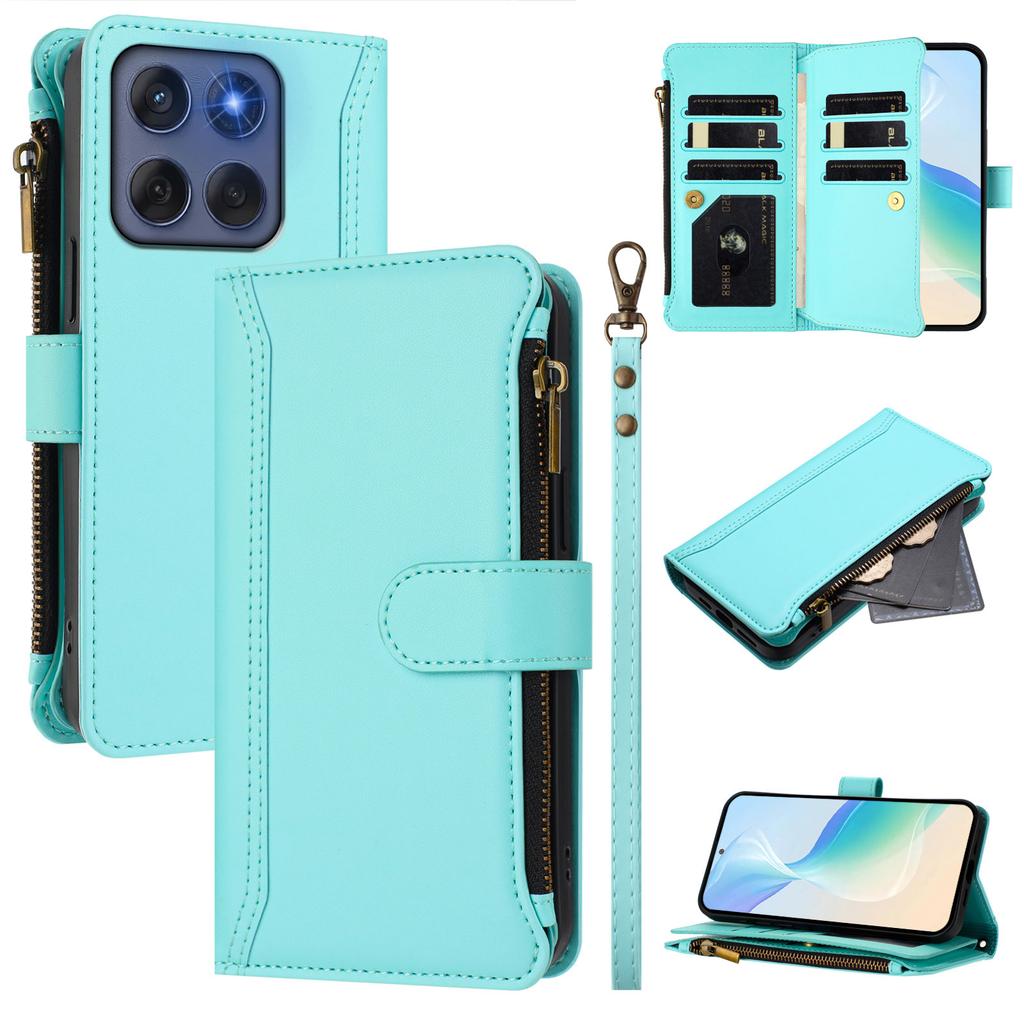 Для Моторола Край (2025) 5G/Motorola Edge 60 Fusion 5G Кожаный чехол 9 отделений для карт Кошелек на молнии Подставка Чехол для телефона с ремешком на запястье