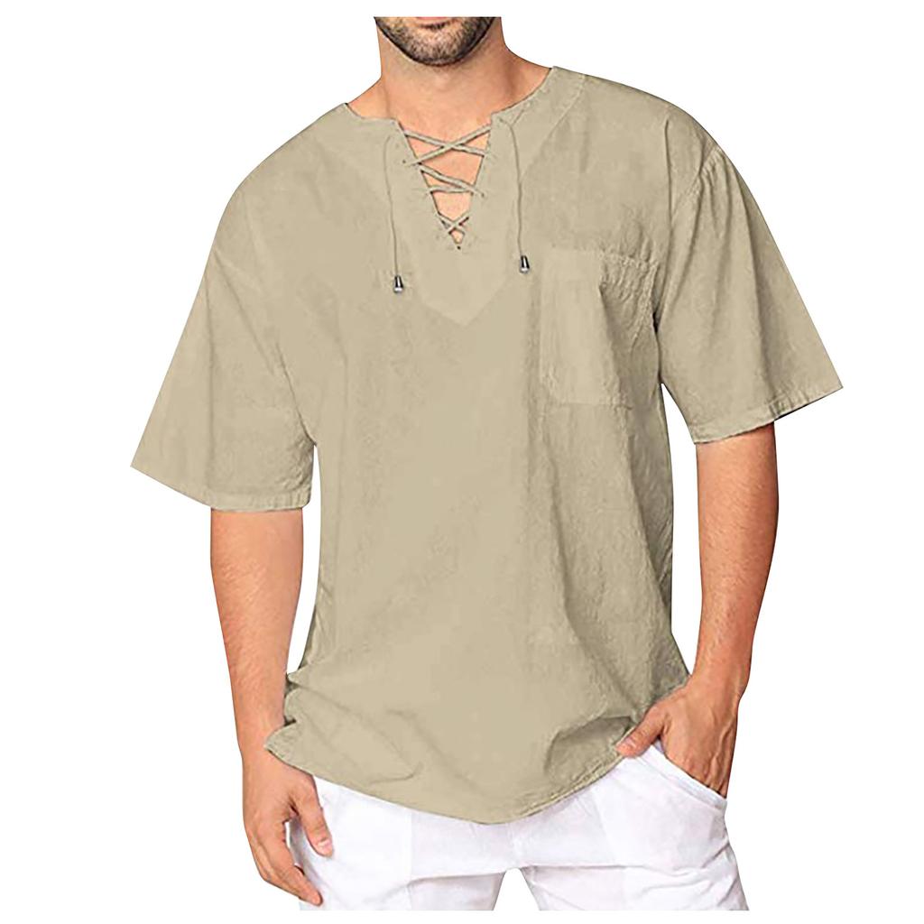 Mens Cotton Linen Shirts Casual Beach Hippie Shirt Short Sleeve V Neck Yoga Tops