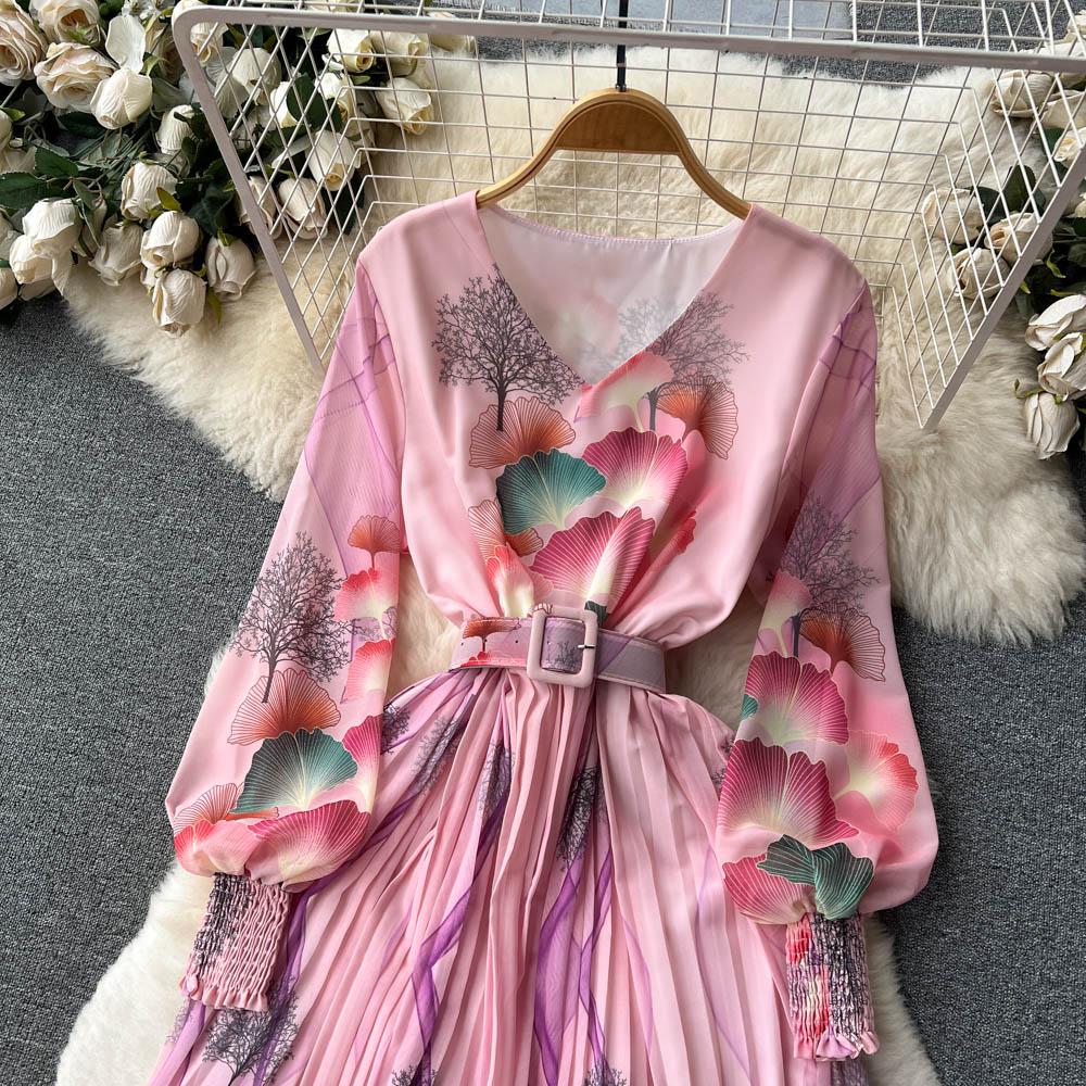 French Chic Dress for Women V-neck Plant Printed Lantern Sleeve Pleated Long Dresses Autumn Dress Female A-line
