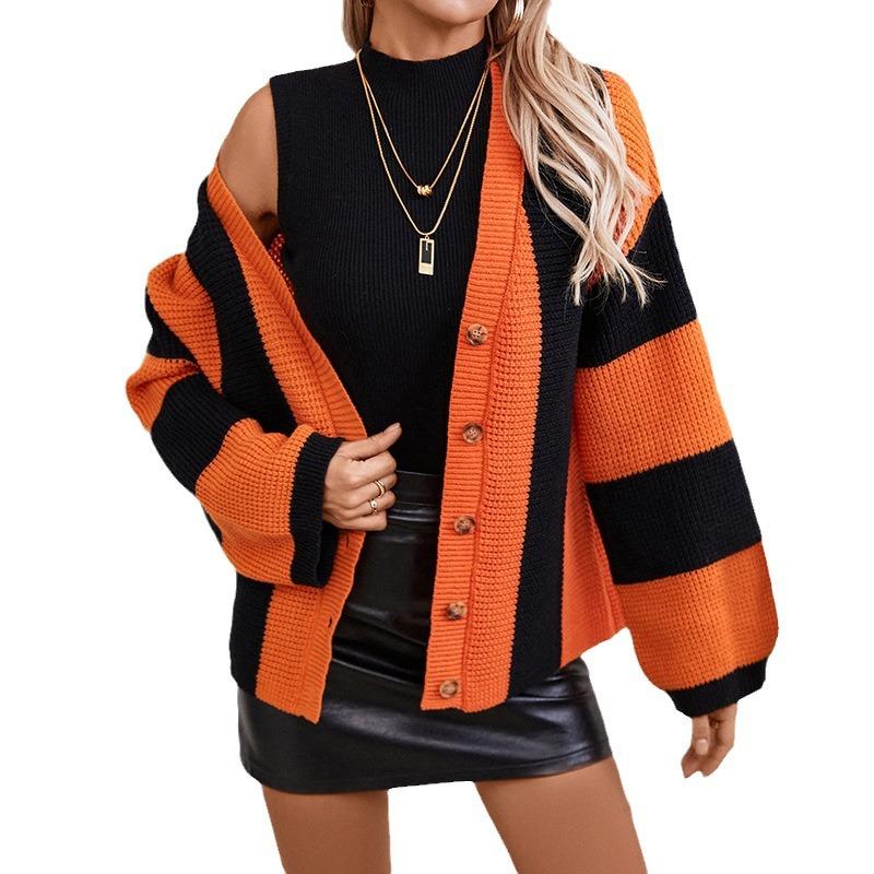 Plus Size Women's Fashion Knitwear Autumn and Winter Striped Clashing Colours Loose Flared Sleeve Sweater Knitted Cardigan