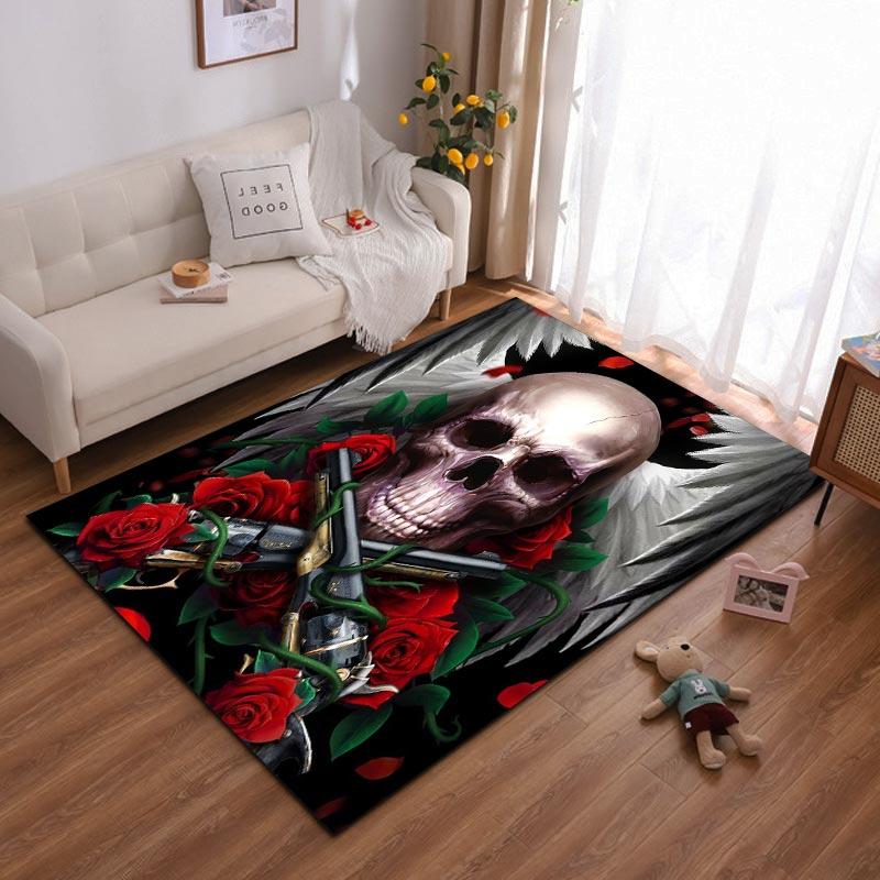 Skull Rug with Guns, Red Roses and Wings on Black Background Suitable for use as an anti-slip for living room bedroom sofas