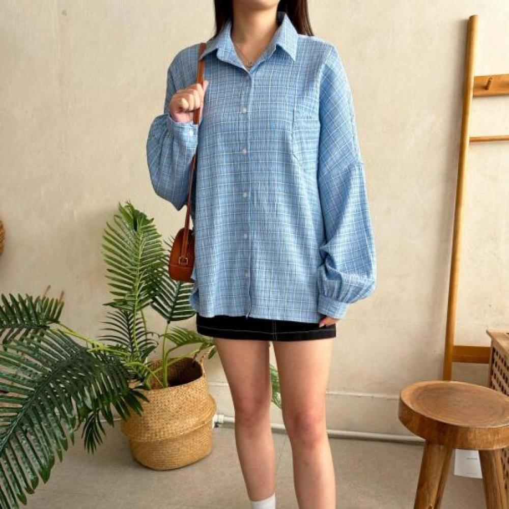New Arrivals Open Run Women Check Pattern Loose Fit Puff Sleeves Hip Garish Long