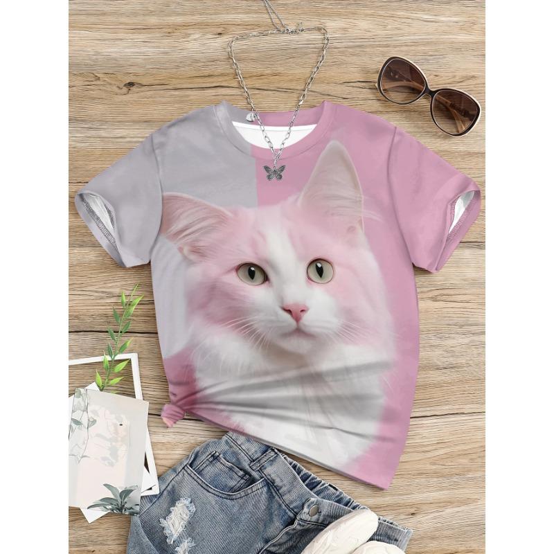 Одежда для девочек, розовая футболка с милым котенком и 3D-принтом, детский топ с круглым вырезом и короткими рукавами