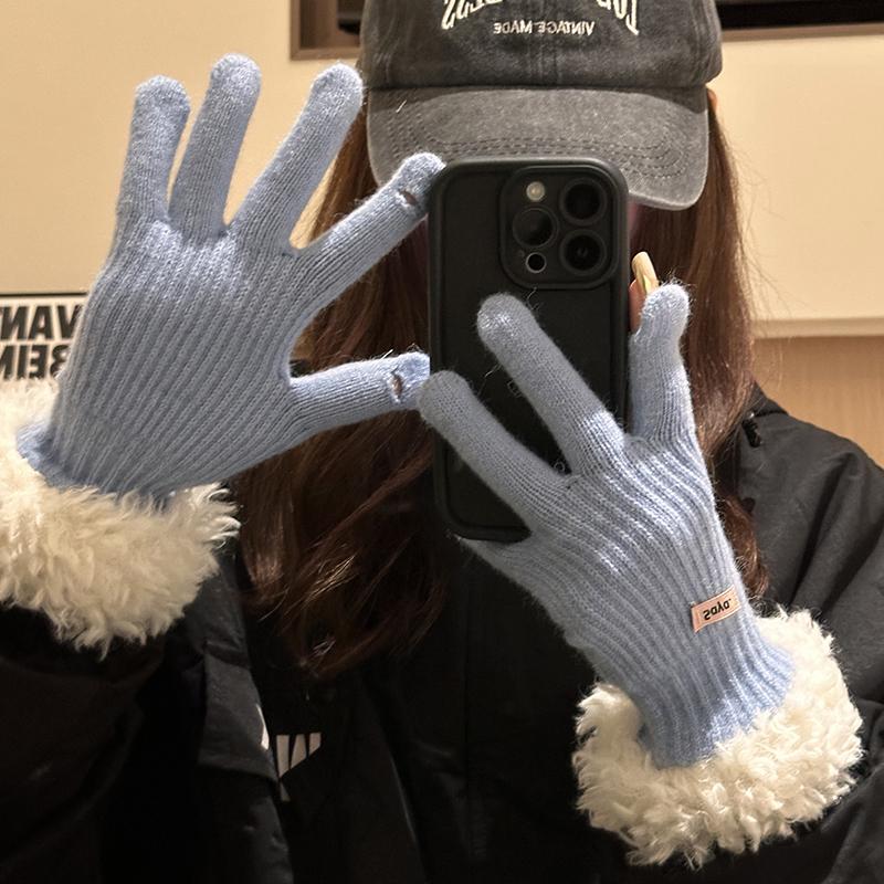 Модные трикотажные перчатки для сенсорных экранов для женщин, зимние теплые перчатки с плюшевой отделкой, ветрозащитные спортивные варежки для езды на велосипеде, плюшевые утолщенные мягкие перчатки с закрытыми пальцами