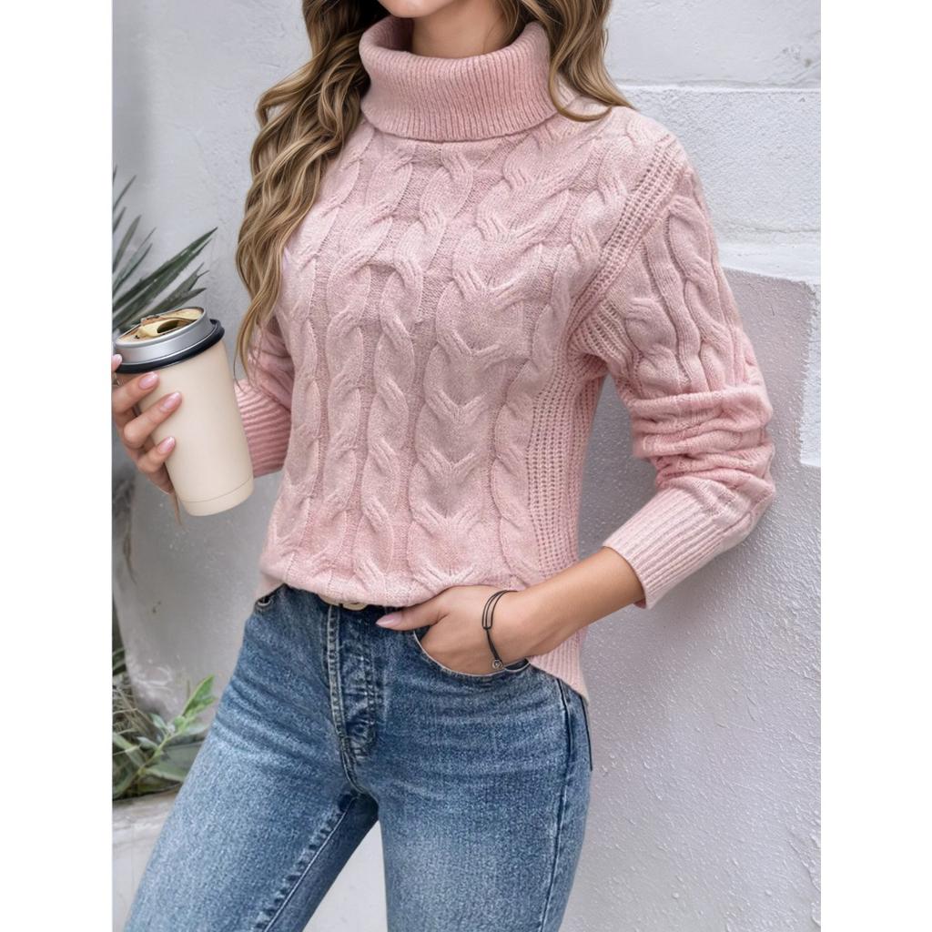 Women's High Collar Sweater - Soft Elastic Pullover, Essential Solid Color Top for Autumn and Winter, Hand Washed, Comfortable and Fitted