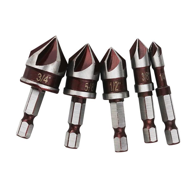 5 шт./набор 1/2"1/4" 3/8" 3/4"5/8" Зенковочное сверло Шестигранный хвостовик Фреза Резак для отверстий Дерево Металл Пластик Инструменты для снятия фаски