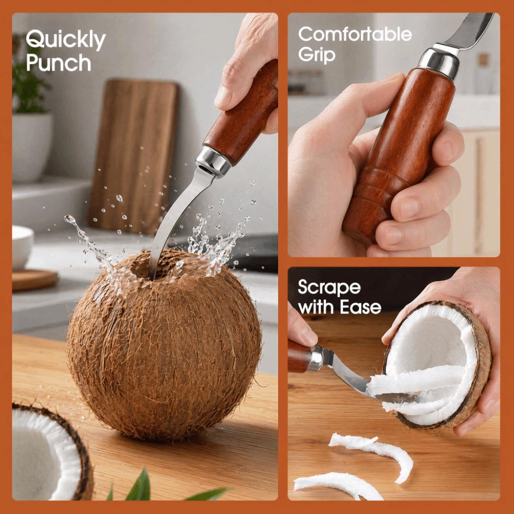 Wooden Handle Coconut Scraper Knife Brown Silver Shell Opener Coconut Opener Tool Multi-Purpose