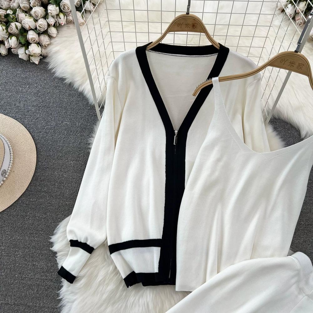 Осень-зима, винтажный однотонный вязаный свитер, брюки, комплект из 3 предметов, женский спортивный костюм, куртка на молнии с длинными рукавами, пальто, жилет, брюки, наряды