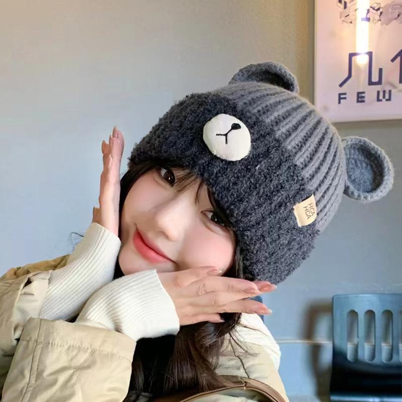 Autumn and Winter Hats for Women Bears with Sweet Ears and Cute Knitted Hats for Students Versatile Ear Protection Hats for Warmth