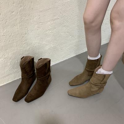 2025 ретро низкокаблучные квадратный носок вестерн ковбойские ботильоны женские осенне-зимние новые ботинки Мартин тонкие ботинки