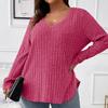 Autumn and Winter Solid Color Plus Size Women's Top V-Neck Long Sleeve Pit Sanding T-Shirt Loose Pullover
