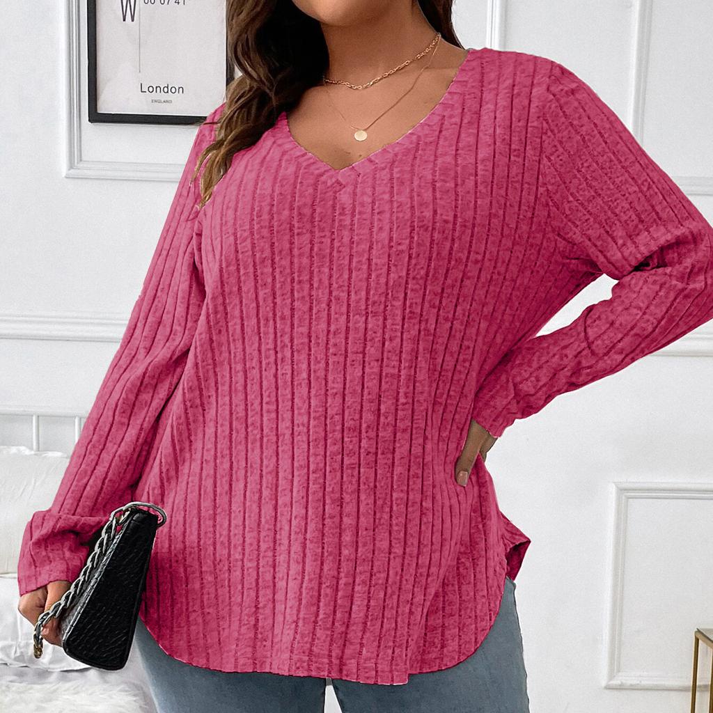 Autumn and Winter Solid Color Plus Size Women's Top V-Neck Long Sleeve Pit Sanding T-Shirt Loose Pullover