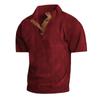 Men's Summer Casual T-shirt Button Stand-up Collar Tees Solid Color Loose Corduroy Short Sleeves Soft Skin-friendly