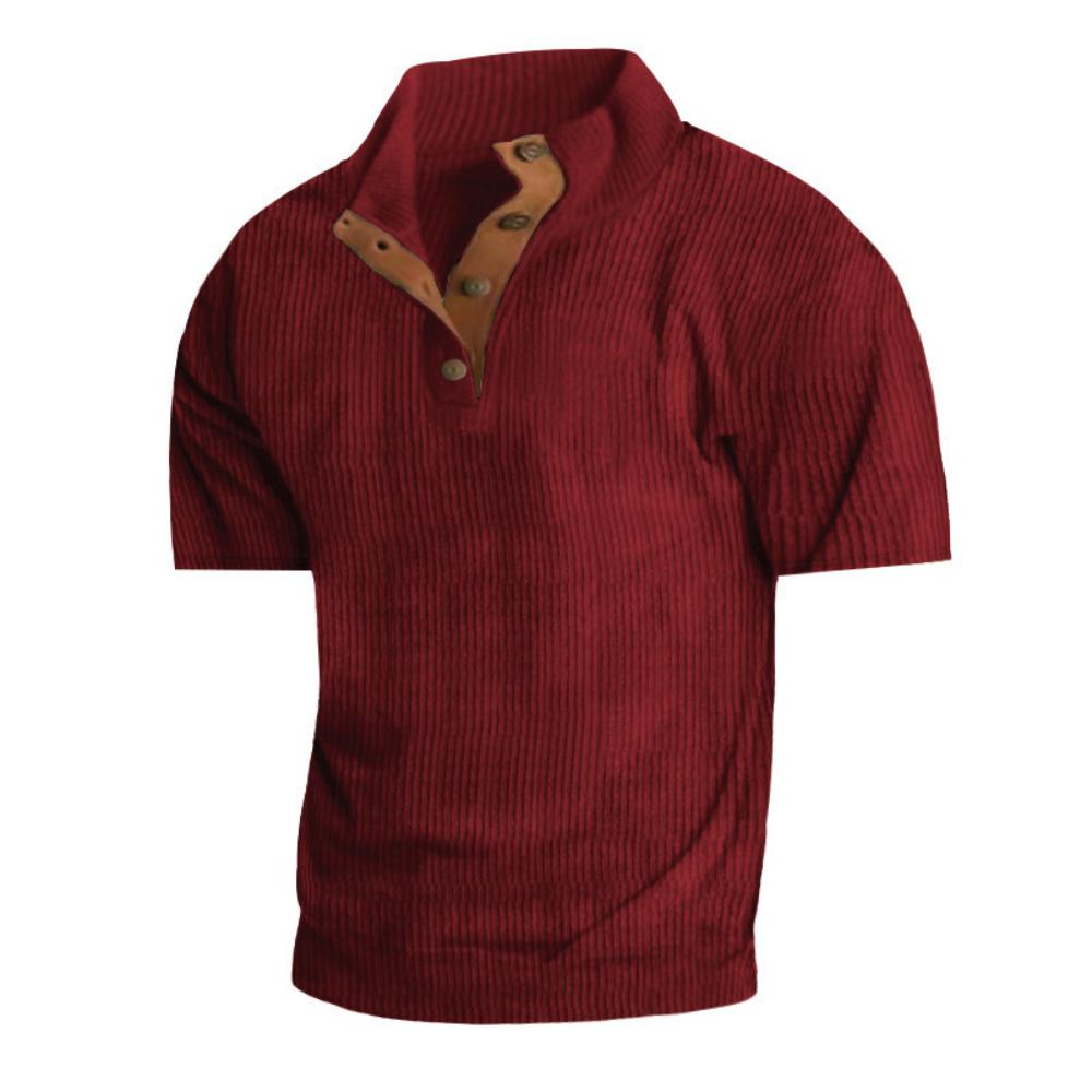 Men's Summer Casual T-shirt Button Stand-up Collar Tees Solid Color Loose Corduroy Short Sleeves Soft Skin-friendly