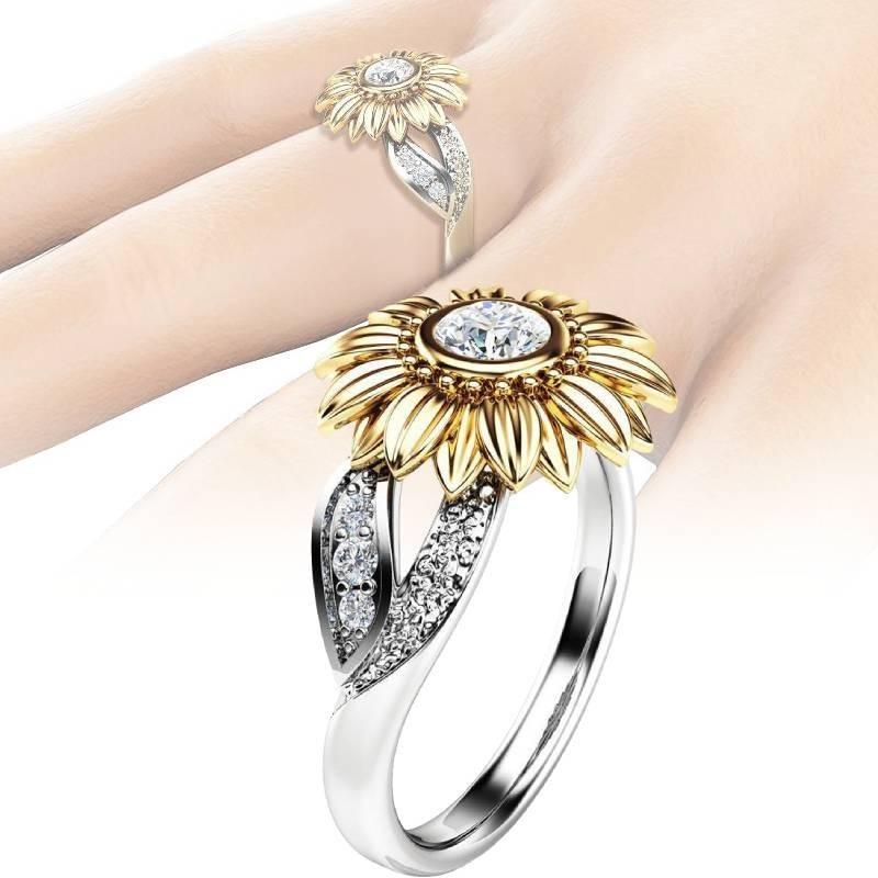 Stylish Copper Sunflower Ring With Gold Plating And Gemstone Inlay For Birthdays