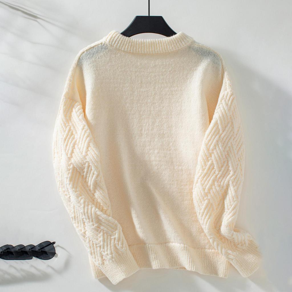 Autumn Winter Vintage Loose Long Sleeve Top Solid Color Cardigan Knitwear O-Neck Sweater