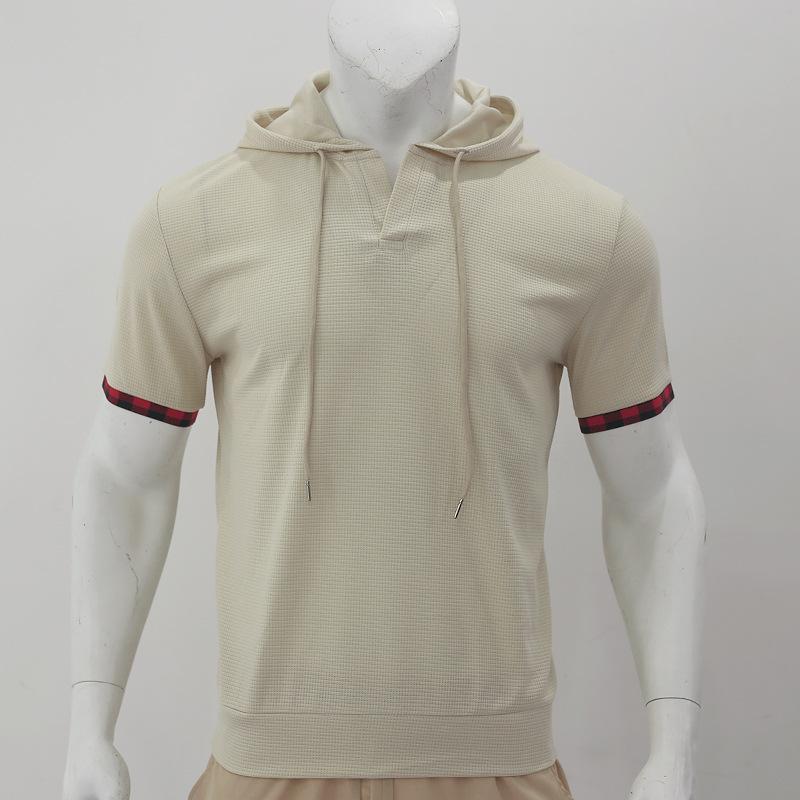 Летняя мужская повседневная спортивная футболка с капюшоном и короткими рукавами с вафельным верхом