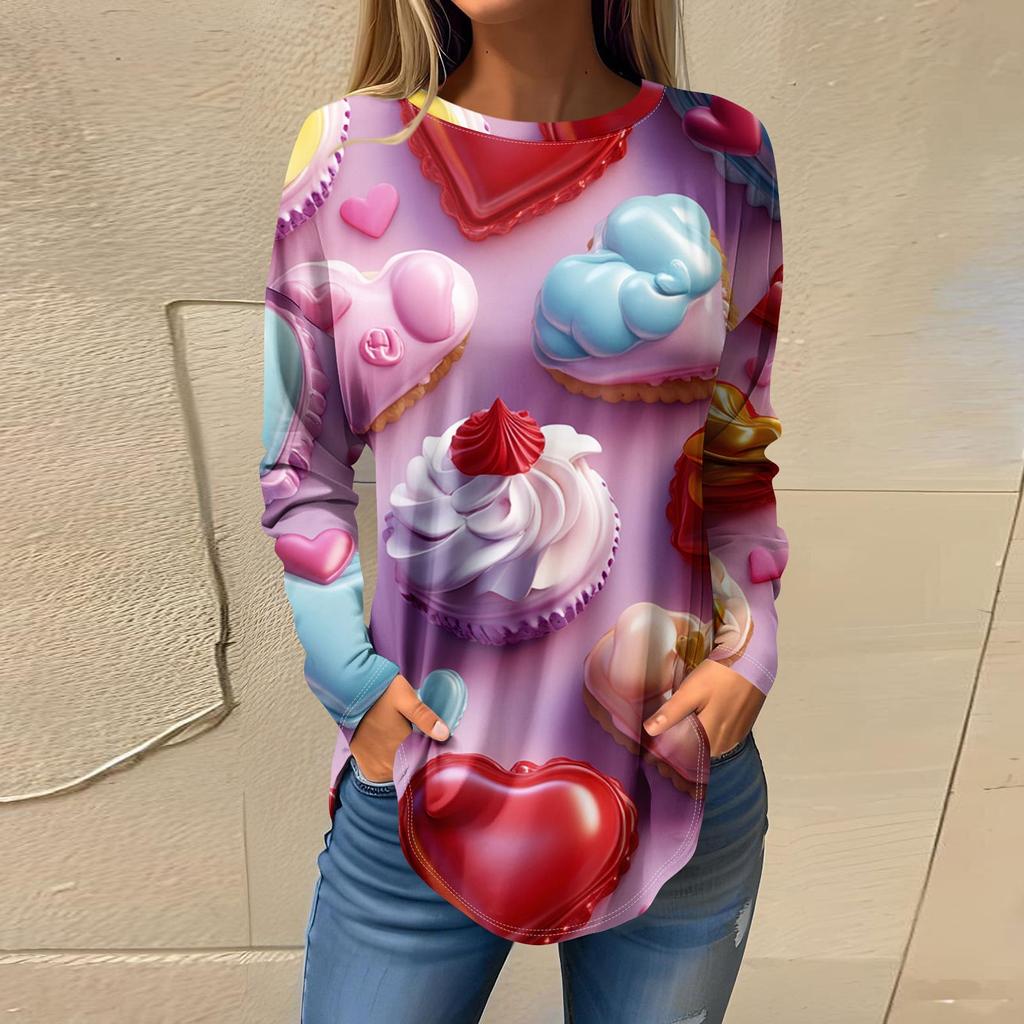 Tee Shirts For Women Casual Round Neck Long Sleeve Shirts Valentine's Day Printing Top Pullover