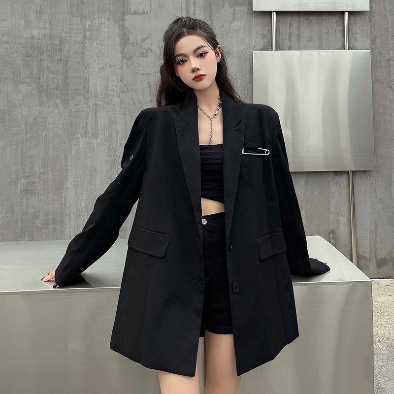 Премиальное черное пальто свободного кроя с уникальным дизайном для женщин, уличный модный шикарный блейзер небольшого размера с первоклассным ощущением