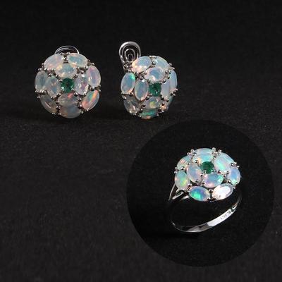 Серьги-кольца с натуральным опалом, изумрудом, комплект ювелирных изделий из стерлингового серебра 925 пробы, изысканные украшения для женщин, жены, хороший подарок