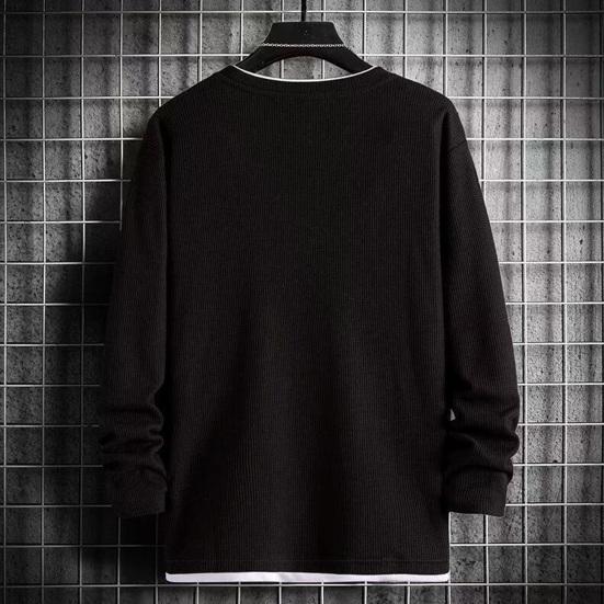 Мужской вафельный свитшот с круглым вырезом, футболка с длинным рукавом, имитация двухслойности, повседневный свободный пуловер для весны, осени, для повседневной носки, уличный стиль