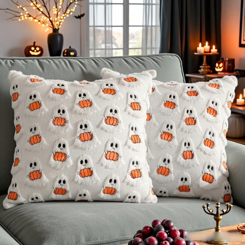 18×18in quilted ghost pumpkin plush pillow cover, cute cartoon design for Halloween home decor. Pillow insert excluded.