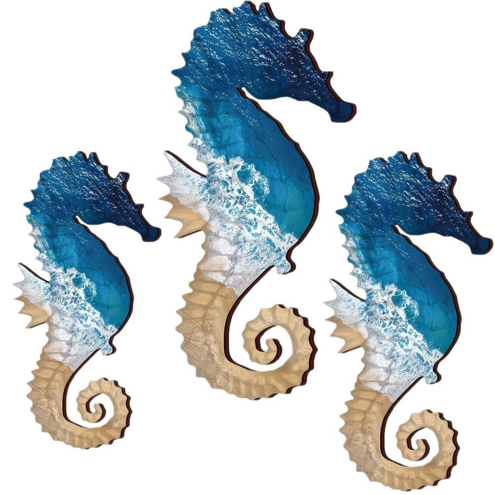 3pcs Wooden Seahorse Signs Pendant Hand Carved Ocean Animal Decoration For Living Room Bedroom Home