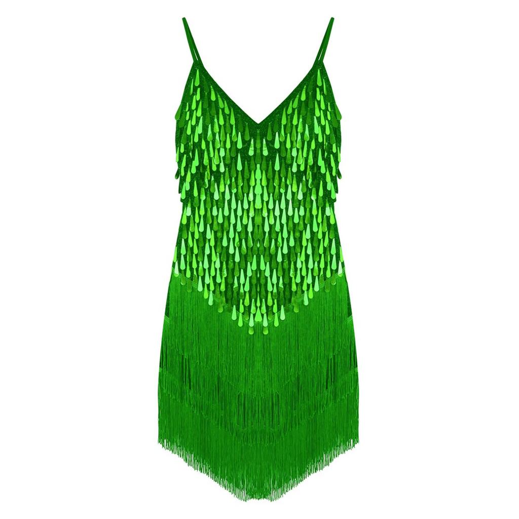 Women Sleeveless Sparkling Sequins Fringe Ballroom Samba Tango Latin Dance Dress Stage Performance Costumes