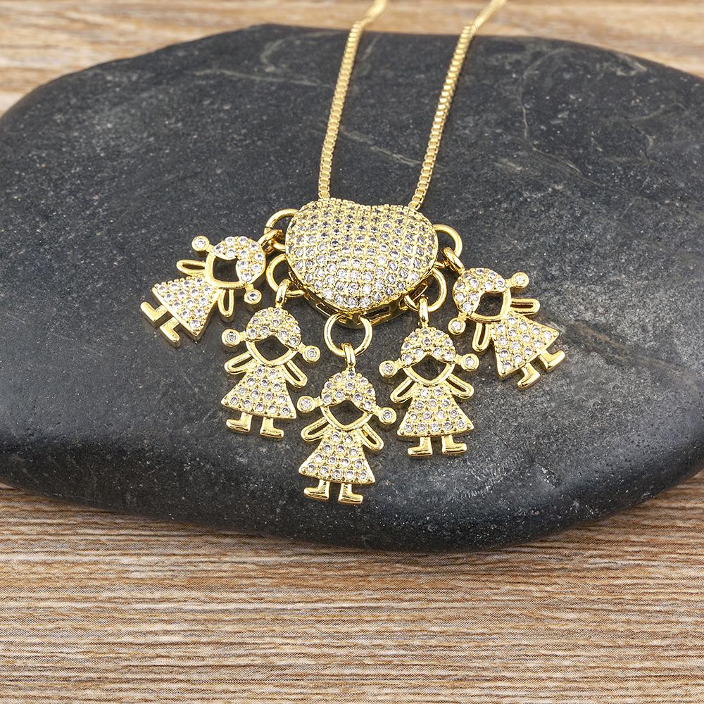 Nidin Fashion Pave Shiny Crystal Zircon Heart Shape Boy Girl Copper Pendant Necklaces For Women Family Son/Daughter Jewelry Gift