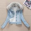 Autumn Winter Fleece Denim Jacket Women Big Fur Collar Short Coat Thicken Velvet Liner Warm Tops Lady Jean Coat Outerwear