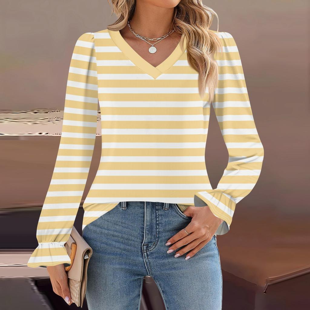 Women's Daily Casual Long-sleeved Striped Printed V-neck Top