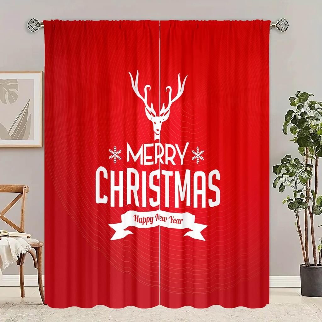 2 Pieces of Santa Claus Christmas Tree Printing Curtain - Polyester Material - Suitable for Bedroom Living Room Study Room Priva