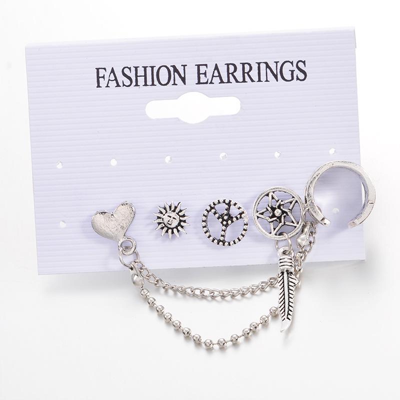 Набор из 4 пар женских серег-подвесок в богемном стиле с цепочками в виде короны и капли воды