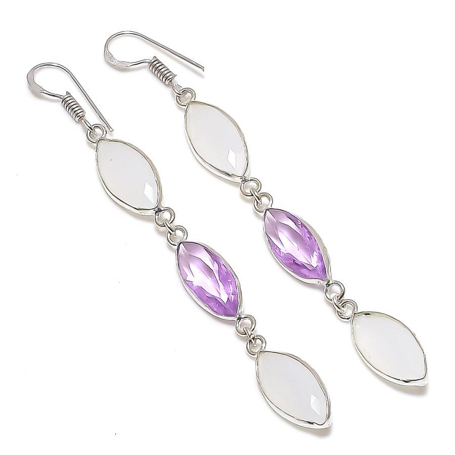 Amethyst, Chalcedony Handmade 925 Sterling Silver Jewelry Earring 3.19" r1m99