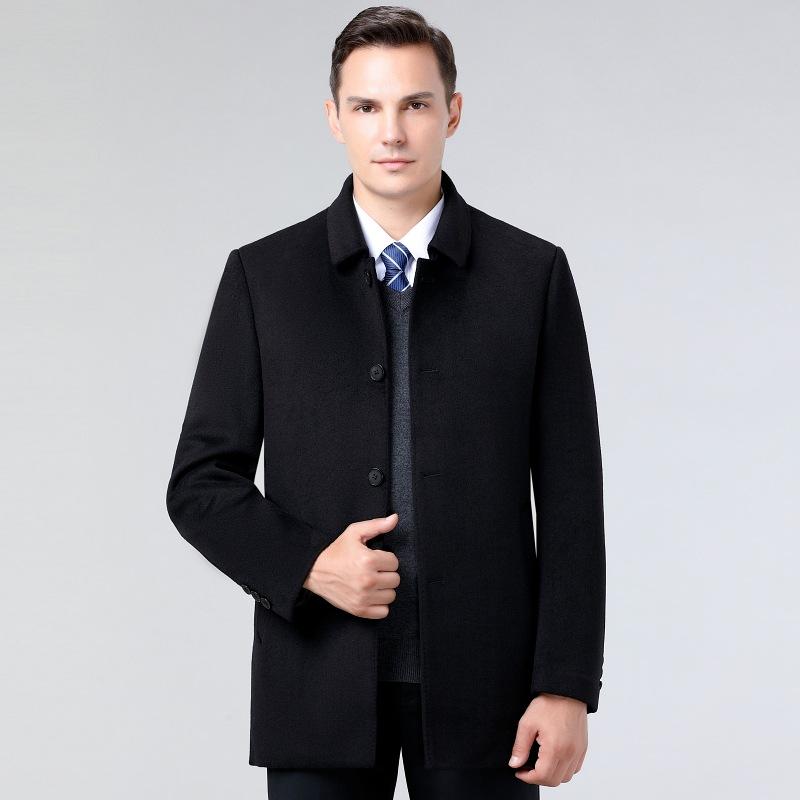 Middle-aged and Elderly Cashmere Coat Men's Medium-length Warm and Thickened Woolen Woolen Coat for Middle-aged Dads