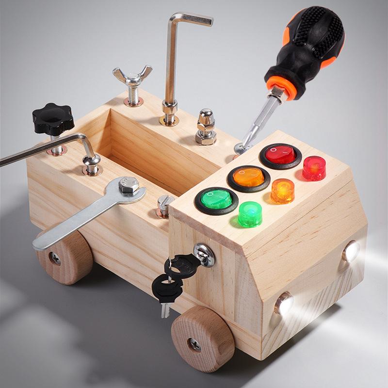 Wooden Led Switch Fire Truck Disassembly And Assembly Screw Nut Tool Cart Children'S Montessori Early Education Educational Toys