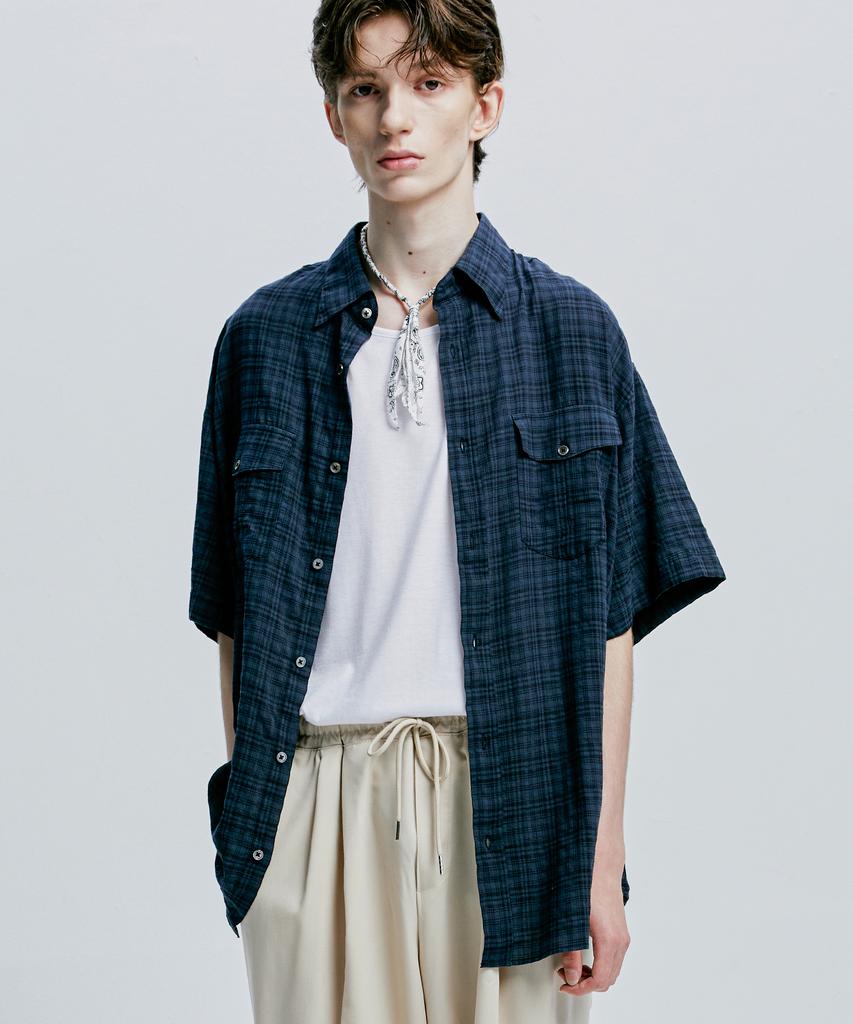 SSY Washed Check Linen 2-Pocket Loose Fit Half Shirt Navy