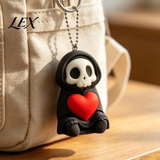 Skull Decoration with Ball Chain Holding Heart Grim Reaper Keychain Charm, 3D Printed Gothic Decor Pendant Chain, Backpacks Bags Purse Hanging