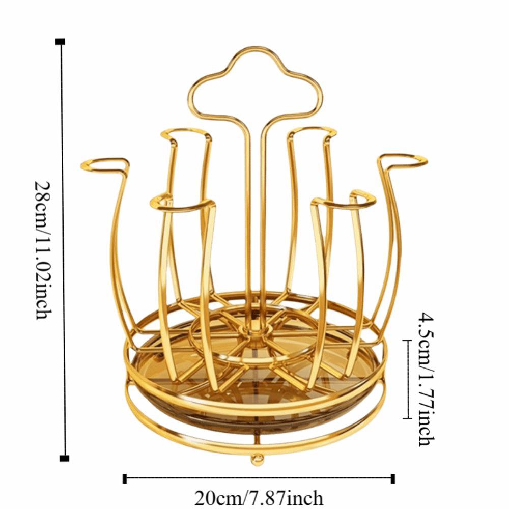 360° Rotation Cup Holder with Water Drain Tray Gold Glass Cup Storage Rack Mug&Cup Organizer Bar