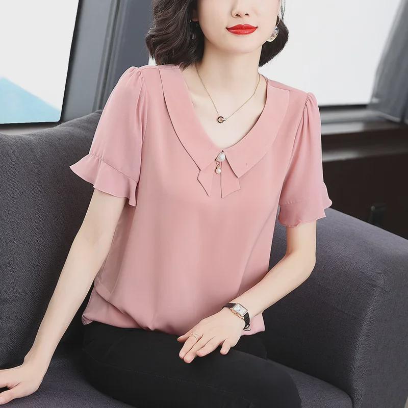 Лето 2023 г., женская стильная блузка свободного кроя из шифона с оборками и коротким рукавом