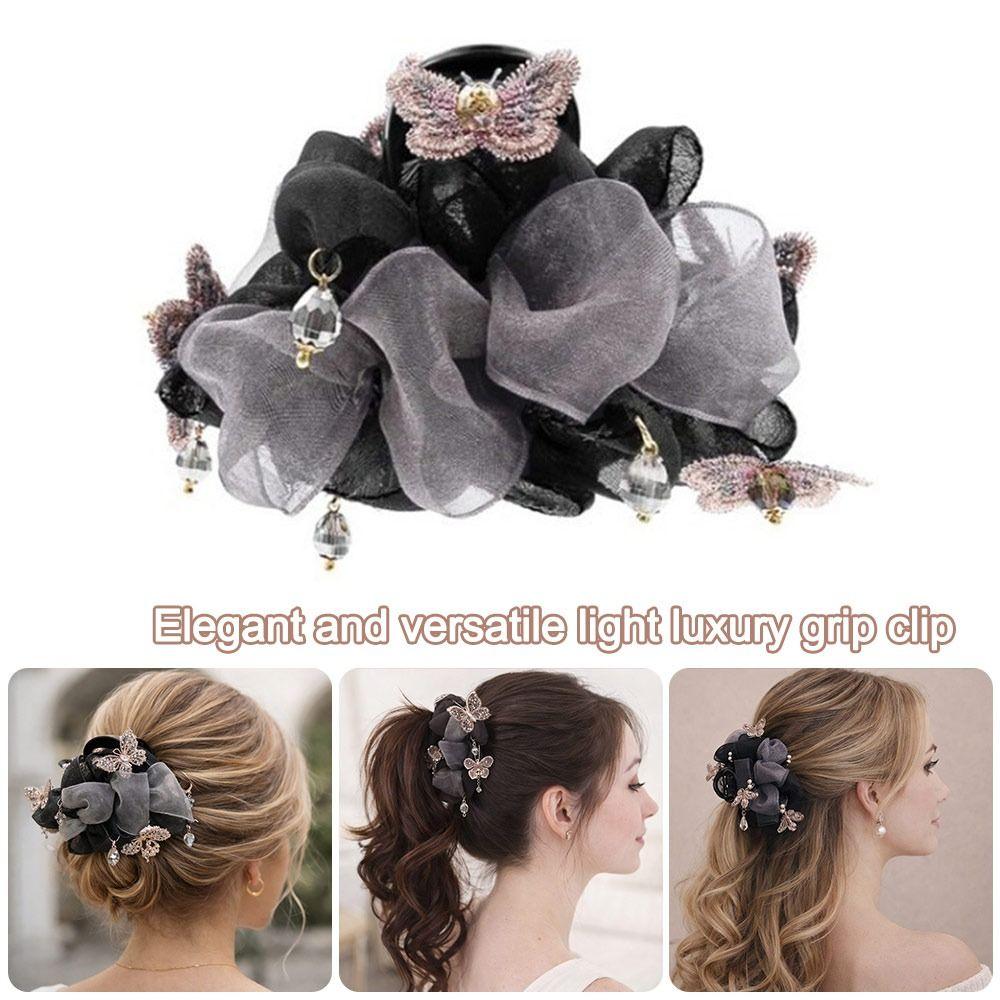 New Pink Butterfly Hair Clip Black and Gray 8cm Crab Claw Clip Mbroidered Hair Accessories